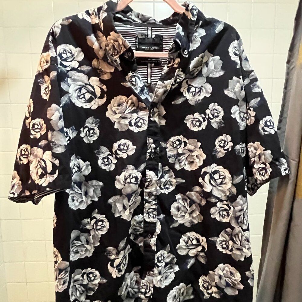 Denim & Flower B&W Ricky Singh Button Down Short Sleeve Roses Shirt Goth 3X